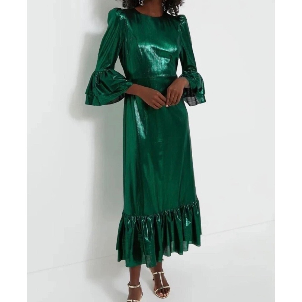 Pomander Place Tuckernuck Lillith Maxi Dress Emerald Crinkle Lurex Metallic Sz L